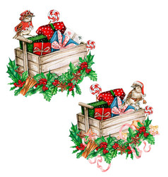 Christmas Gifts In The Wooden Cart Watercolor