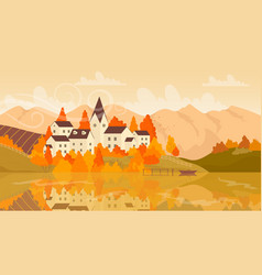 European Village On Lake In Autumn Landscape