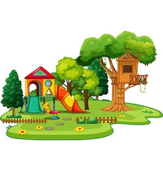 Scene Of Park With Treehouse And Slides