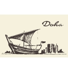 Doha Skyline Dhow Qatar Hand Drawn Sketch