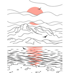 Line Drawing Of Sunset Scene With Mountains