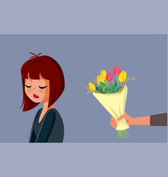 Sad Girlfriend Receiving Flowers And Apologies