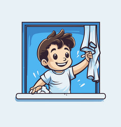 A Boy Washing Window At Home