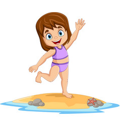 Cartoon Happy Little Girl In Swimsuit On Beach