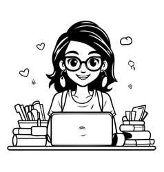 Girl Student With Laptop In Cartoon Style On