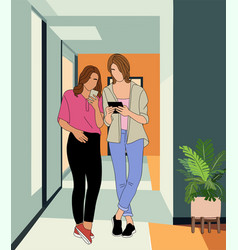 Two Girls Standing In Modern Office Corridor