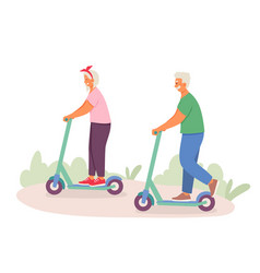 Happy Couple Riding Kick Scooter In Park Active