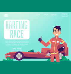 Karting Race Car Driver Landing Page Flat Cartoon