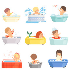 Cute little boy taking bath and playing with boat Vector Image