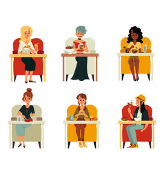 Cartoon Women Eating Food - Isolated Set On White