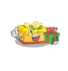 Happy Lemon Cheesecake Character Having A Gift Box