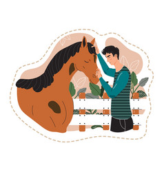 Young Man Bonding With Horse Petting Its Forehead