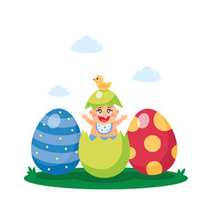 Newborn Baby With Painted Eggs Easter Kids