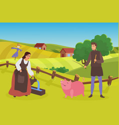 Medieval Farmer Family Or Couple People Work