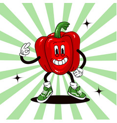 Funny Red Pepper Character In Retro Groove Style