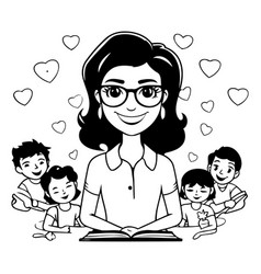 Teacher Reading A Book With Children In Cartoon