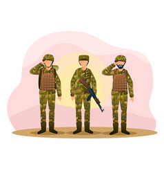 Three Army Men Are Standing In Camouflage Combat