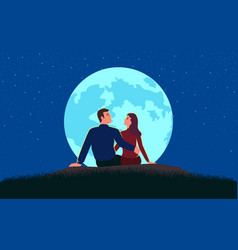 Cartoon Flat Couple Lover Full Moon Grass