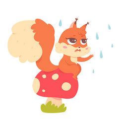 Cute Sad Squirrel Character Sitting On Fly Agaric