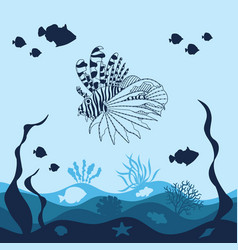 Marine Background With Lionfish Fish Corals