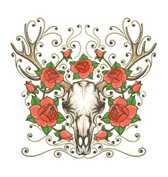 Antler Skull With Rose Flowers Tattoo