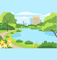 Flat Design Of Lake River In City Park With Green