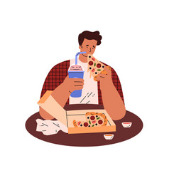 Man Eating Pizza And Soda Hungry Character