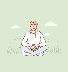 Man Meditates Sitting On Grass And Practices Yoga