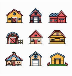 Nine Colorful Cartoon Houses Flat Line