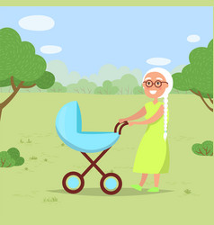 Grandmother With Child In Baby Buggy Park