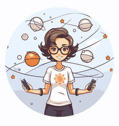 Girl With Solar System And Planets In Cartoon