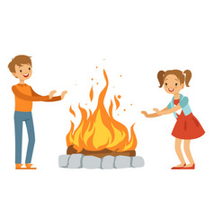 Kids Around Campfire Outdoor Fire With Cartoon