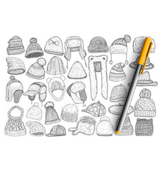 Various Winter Caps And Hats Doodle Set