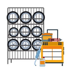 Rack With Car Tires And Tools Trolley Flat Design