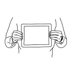 Two Hands Holding Tablet On His Chest