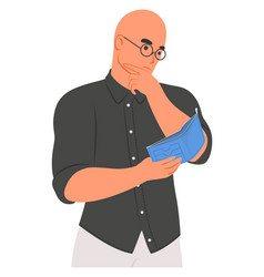 Worried Poor Bald Man Looking In Empty Wallet