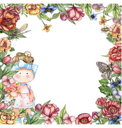 Watercolor Square Flower Frame In Cartoon Style Wi