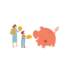 Mom And Son Feed Piggy Bank With Money