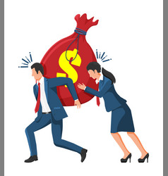 Woman And Man Dragging Heavy Giant Money Sack