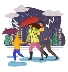 Family Walking In Rain With Umbrella Running