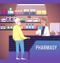 Drugstore Scene With Elderly Man Buying Medicine