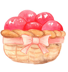 Wood Basket With Ribbon And Fruit Watercolor