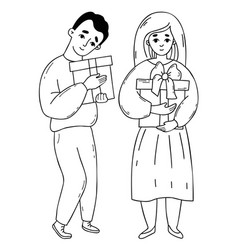 Happy Guy And Cute Girl With Gift Boxes