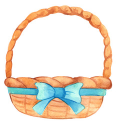 Wood Basket With Blue Bow And Fruit Watercolor