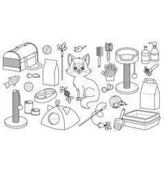 Set Outline Of Cartoon Cat And Goods For Pet Shop