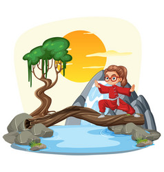 Cartoon Kid Crossing A River On Log Bridge