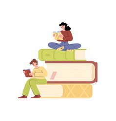 People Sitting On Stacked Books And Reading Flat