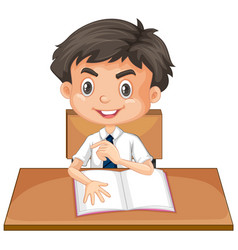 One happy boy doing homework on desk Royalty Free Vector