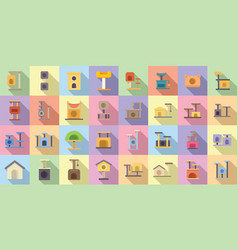 Cat House Icons Set Flat Post Tower