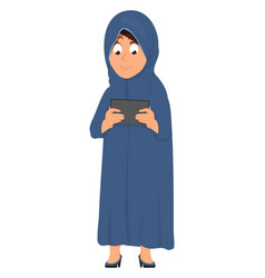 Muslim Woman With Tablet Girl In Hijab Using